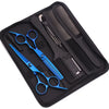 A black case containing professional stainless steel hairdressing scissors, combs, and other grooming tools.