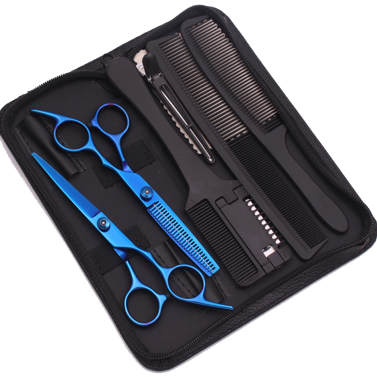 A black case containing professional stainless steel hairdressing scissors, combs, and other grooming tools.