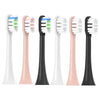 A set of replacement heads for electric toothbrushes in various colors including white, pink, and blue.