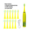 Yellow electric toothbrush set including body, USB charging cable, and 12 brush heads.
