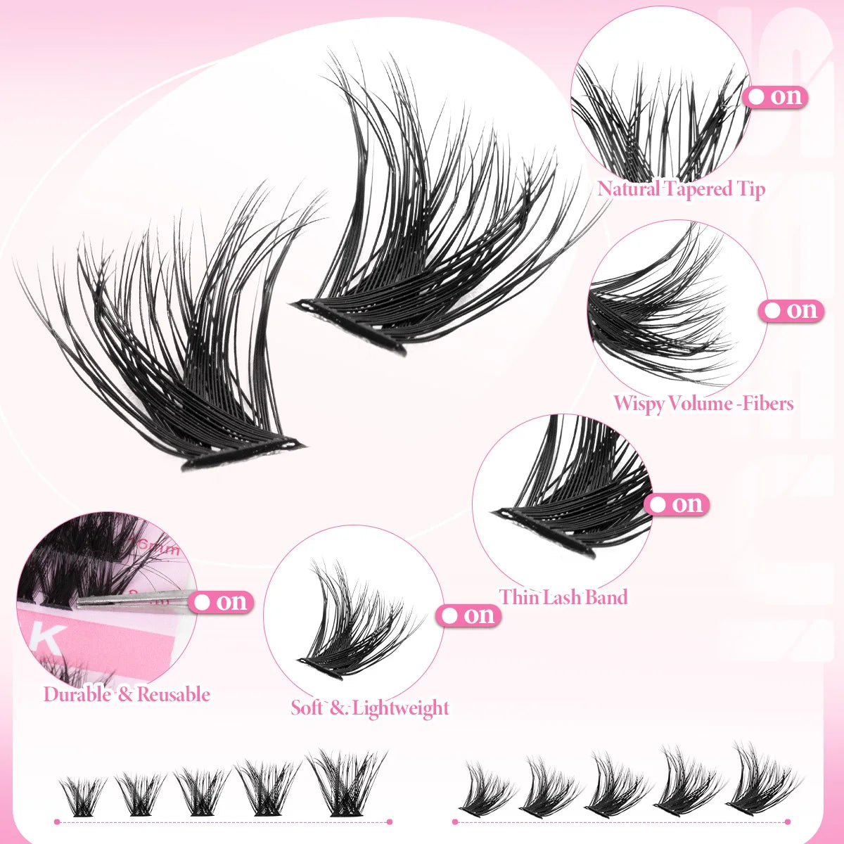 A collection of DIY lash extension kits showing various lash styles including natural tapered tips, wispy volume fibers, and 
