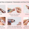 Instructions for using an electric eyebrow trimmer, showing steps like pulling the lid and trimming hair.
