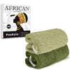 A stack of green and beige African net exfoliating loofah sponges with decorative accents.
