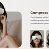 A woman is shown using a heated eye massager for relaxation and fatigue relief.