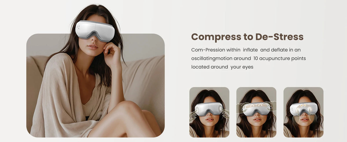 A woman is shown using a heated eye massager for relaxation and fatigue relief.