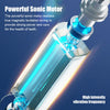 Klare elektrische Zahnbürste mit magnetischem Motor, die intensive Vibrationen zur Zahnpflege demonstriert.