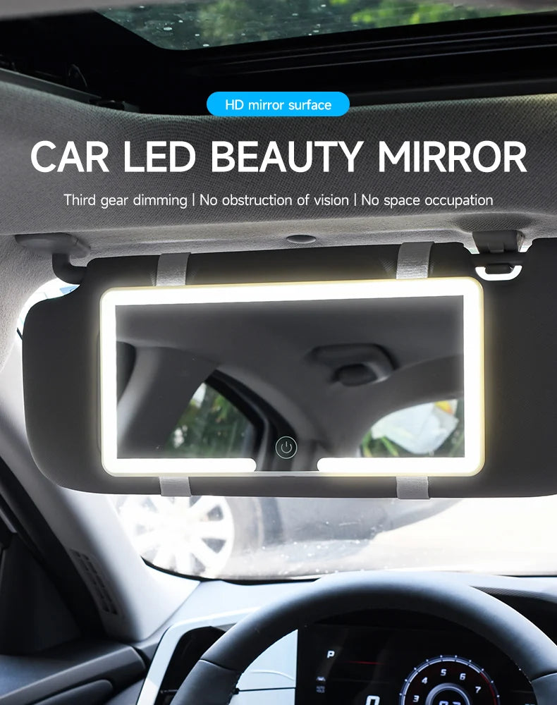 Un miroir de beauté à LED est installé dans le rétroviseur intérieur, affichant une lumière rectangulaire vive.