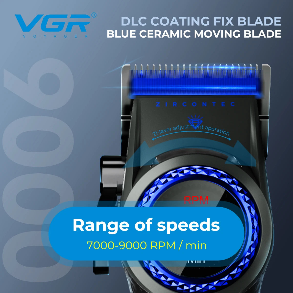 Blue ceramic moving blade for a VGR DLC coating fix blade rotary hair trimmer with a range of speeds 7000-9000 RPM per minute