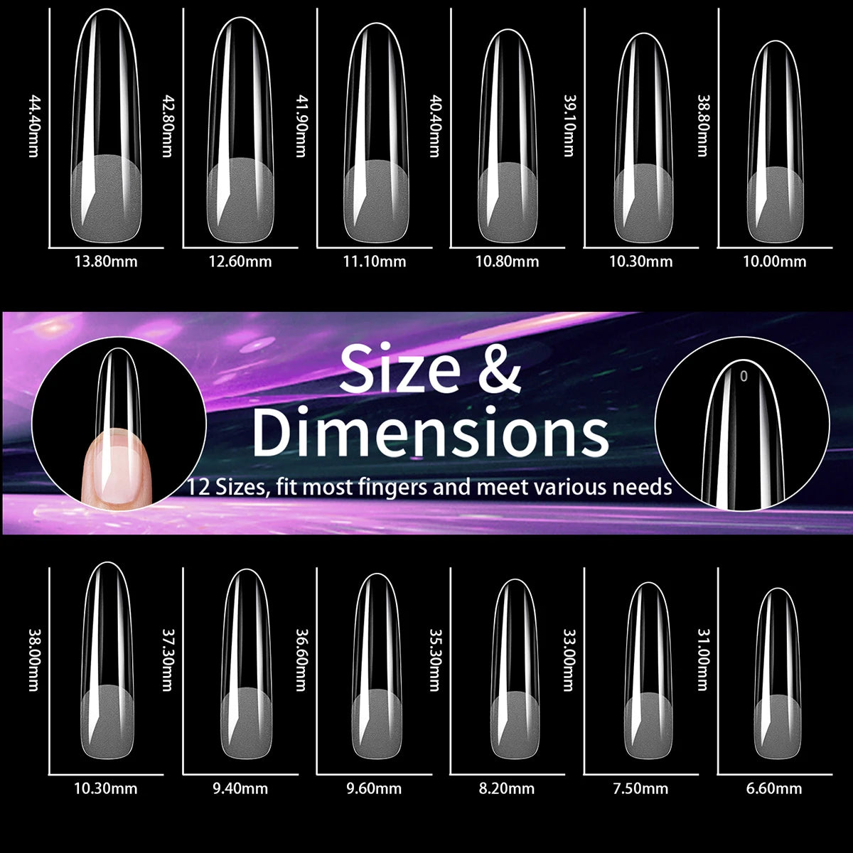 Präsentation verschiedener Größen und Maße von Klebestempeln für Gel-Nägel in Stiletto-Form.