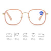 A pair of pink-framed oversized square reading glasses with gold accents and blue light protection features.
