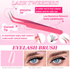 Pink lash tweezers and an eyelash brush for applying lash clusters on natural lashes
