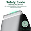 Close-up of a black electric shaver with an L shaped blade visible, highlighting its safety features.