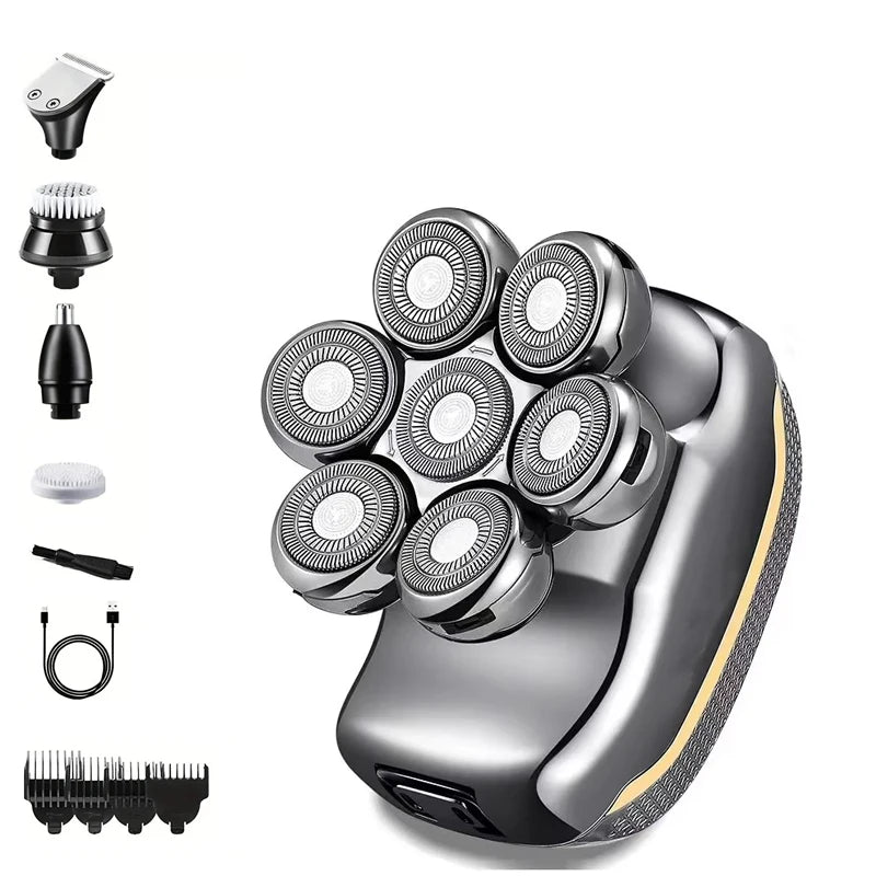 A professional electric double-blade hair shaver shown with various attachments and accessories.