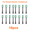 A set of 16 replacement brush heads for an Ocean electric toothbrush, shown in various colors and shapes.