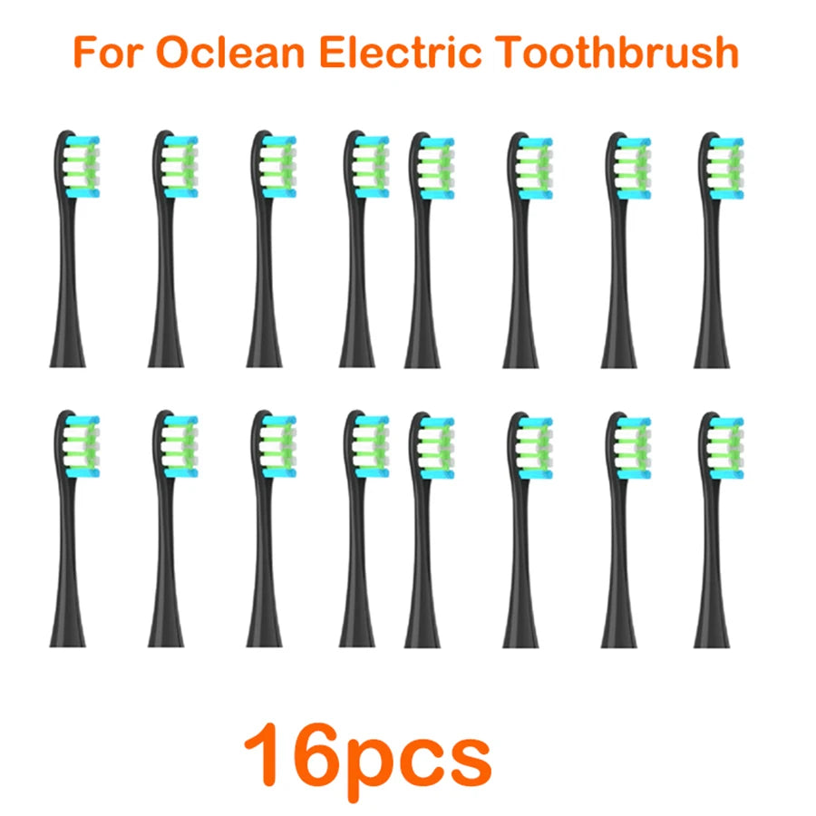 A set of 16 replacement brush heads for an Ocean electric toothbrush, shown in various colors and shapes.