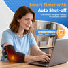 A woman is using a smart timer with auto shut-off on a laptop while wearing an electric heated massage elbow brace.