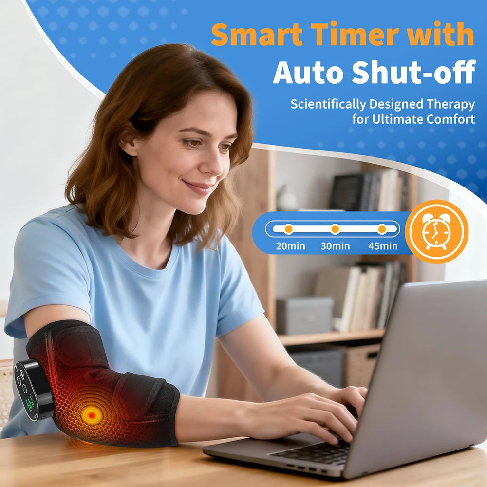 A woman is using a smart timer with auto shut-off on a laptop while wearing an electric heated massage elbow brace.