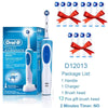 A package of Oral-B Vitality electric toothbrush and accessories including a handle, charger, and twelve brush heads.