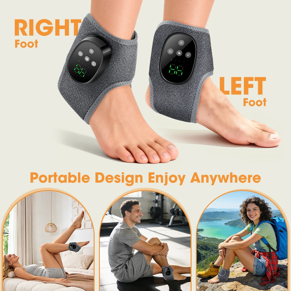A pair of gray heated ankle massagers shown on a right and left foot, demonstrating portable design for enjoyment anywhere.