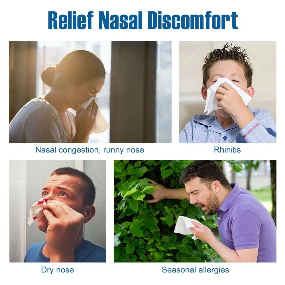 Images showing relief from nasal discomfort including congestion, rhinitis, dry nose, and seasonal allergies.