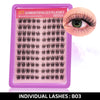 A purple plastic tray of DIY segmented false eyelashes with individual lashes labeled B03
