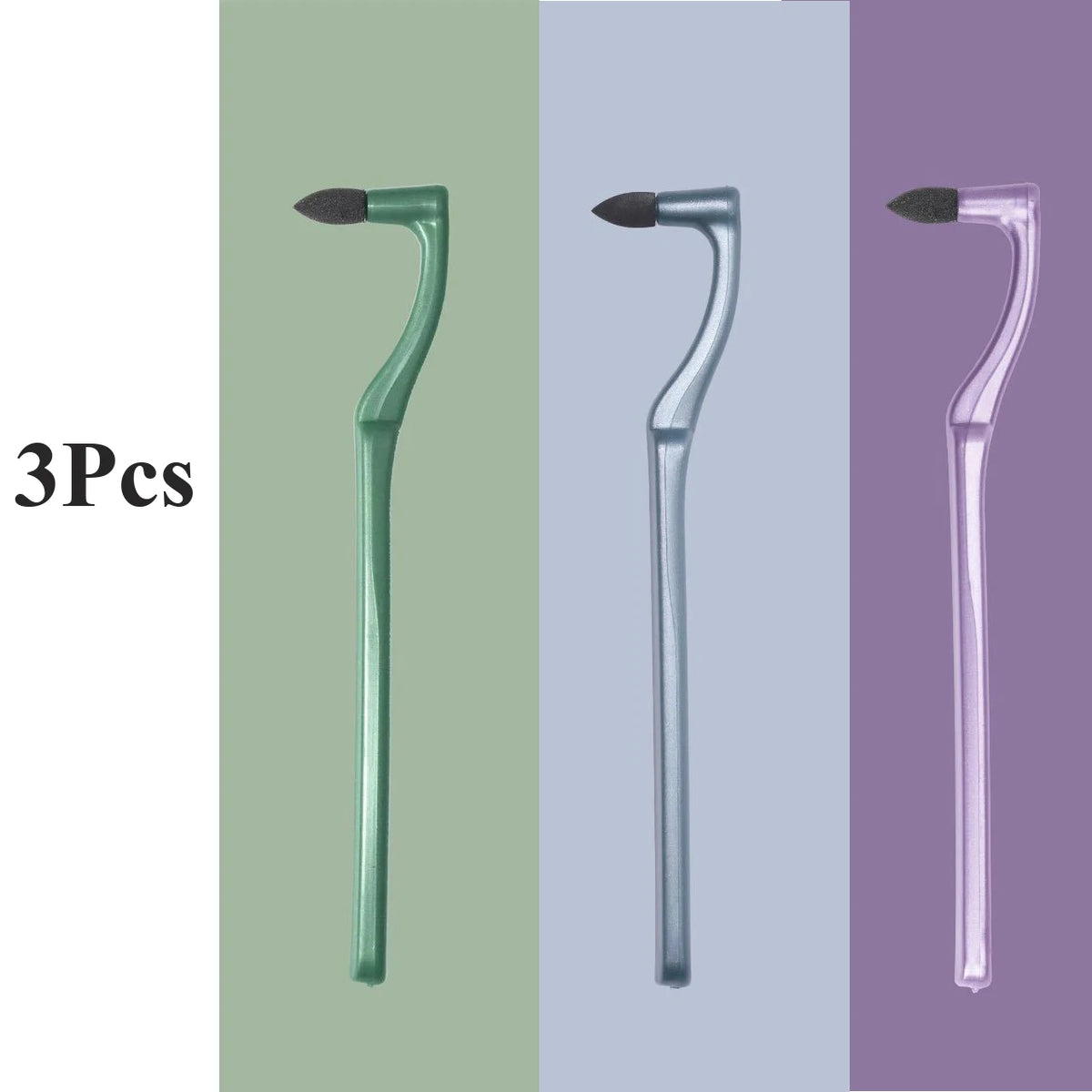 Three manual tooth stain removers with interdental brushes shown in shades of green, blue-gray, and purple.