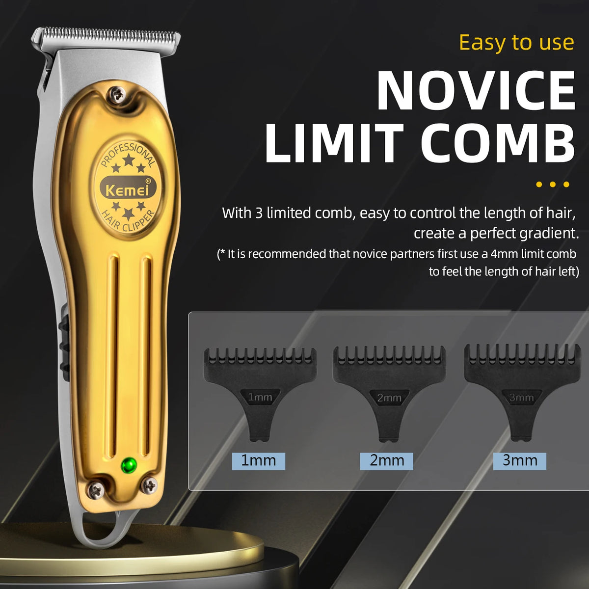 Gold- und silberner professioneller elektrischer Kamm-Trimmer mit drei Größen für das Haarestyling.