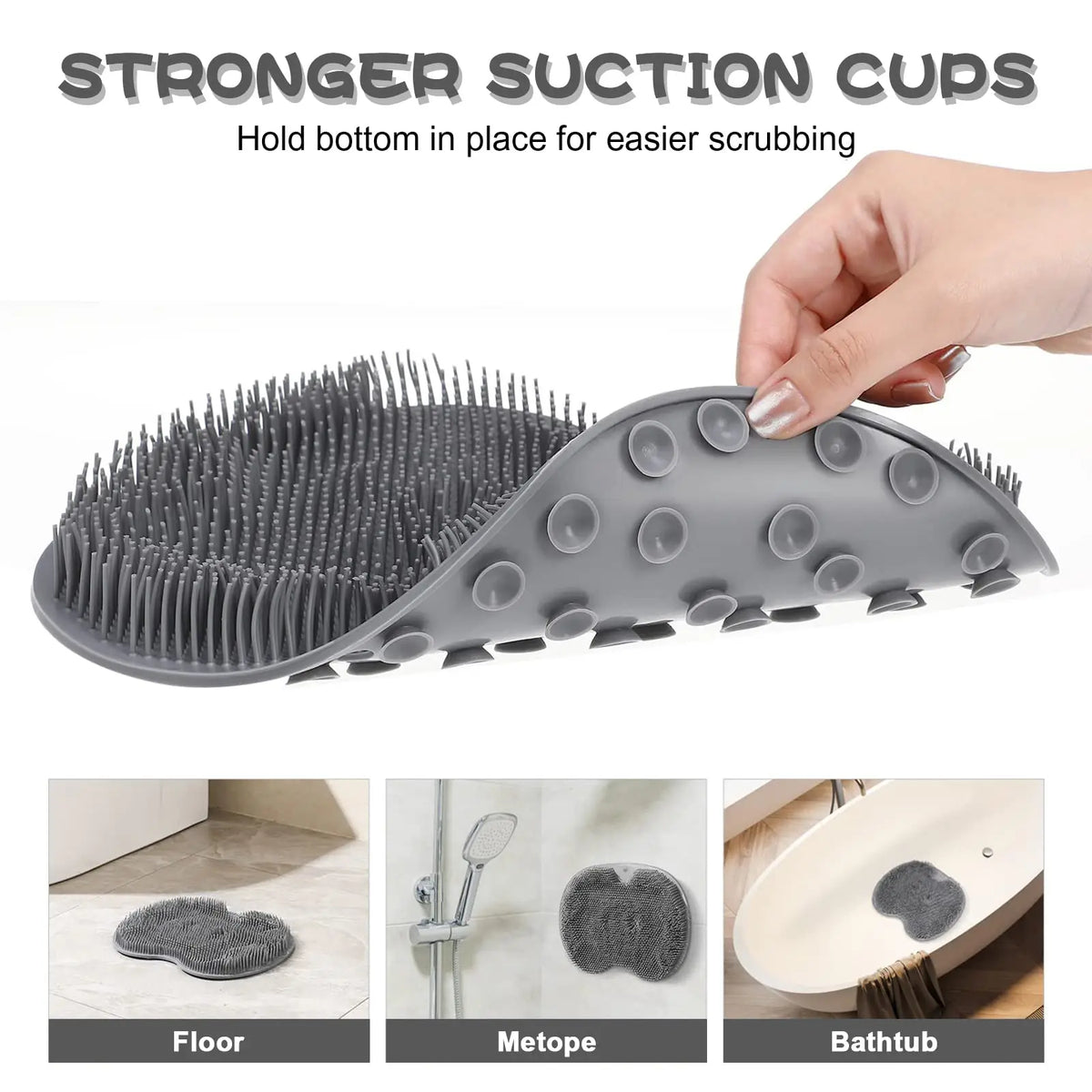 A silicone foot scrubber and exfoliating bath sponge set with multiple textured surfaces shown for cleaning various areas.