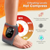 A portable heated vibration ankle massager device is shown on a person's foot, demonstrating four heating levels for hot comp