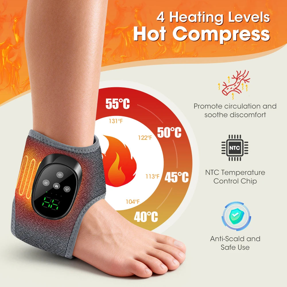 A portable heated vibration ankle massager device is shown on a person's foot, demonstrating four heating levels for hot comp