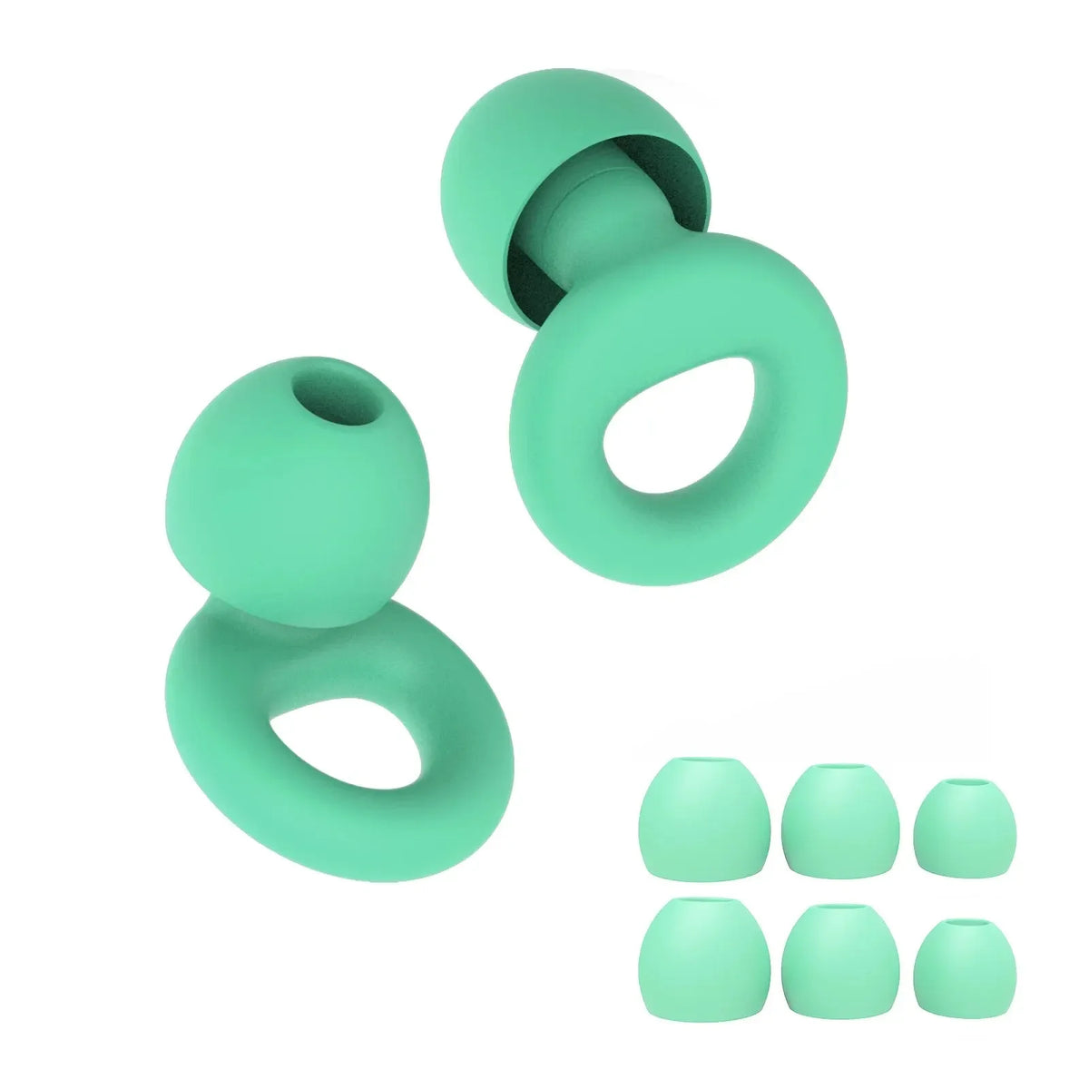 A set of teal silicone ear plugs, including a larger plug and several smaller ones.