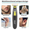 A black portable electric trimmer with a yellow guard is shown alongside examples of its use on moustache, body hair, leg hai