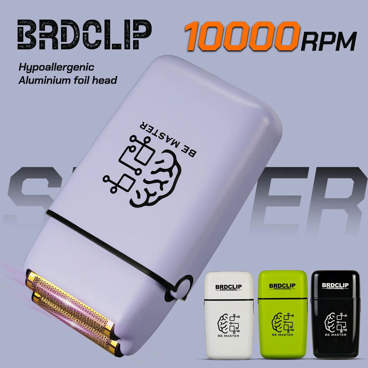 A BRDCLIP 10000 RPM hypoallergenic aluminum foil electric shaver with multiple color options.