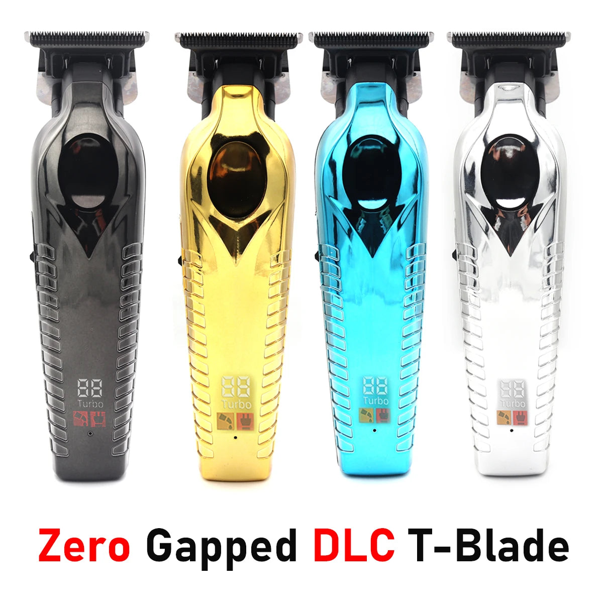 Vier Versionen eines Zero Gapped DLC T-Blade Haartrimmers in Schwarz, Gold, Blau und Weiß.
