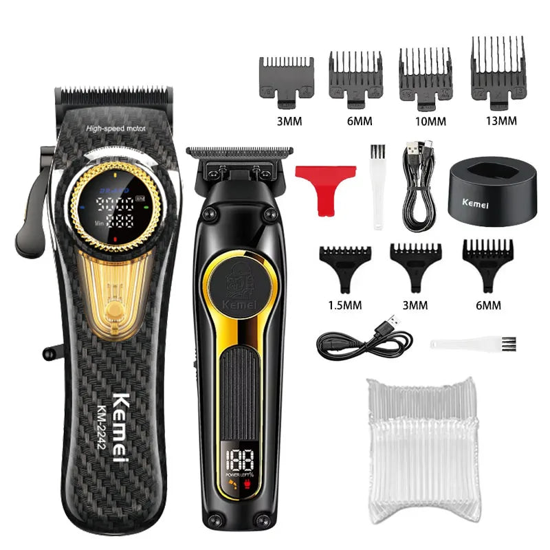 A set of Kemel professional rechargeable electric hair clippers with various guard sizes and accessories.