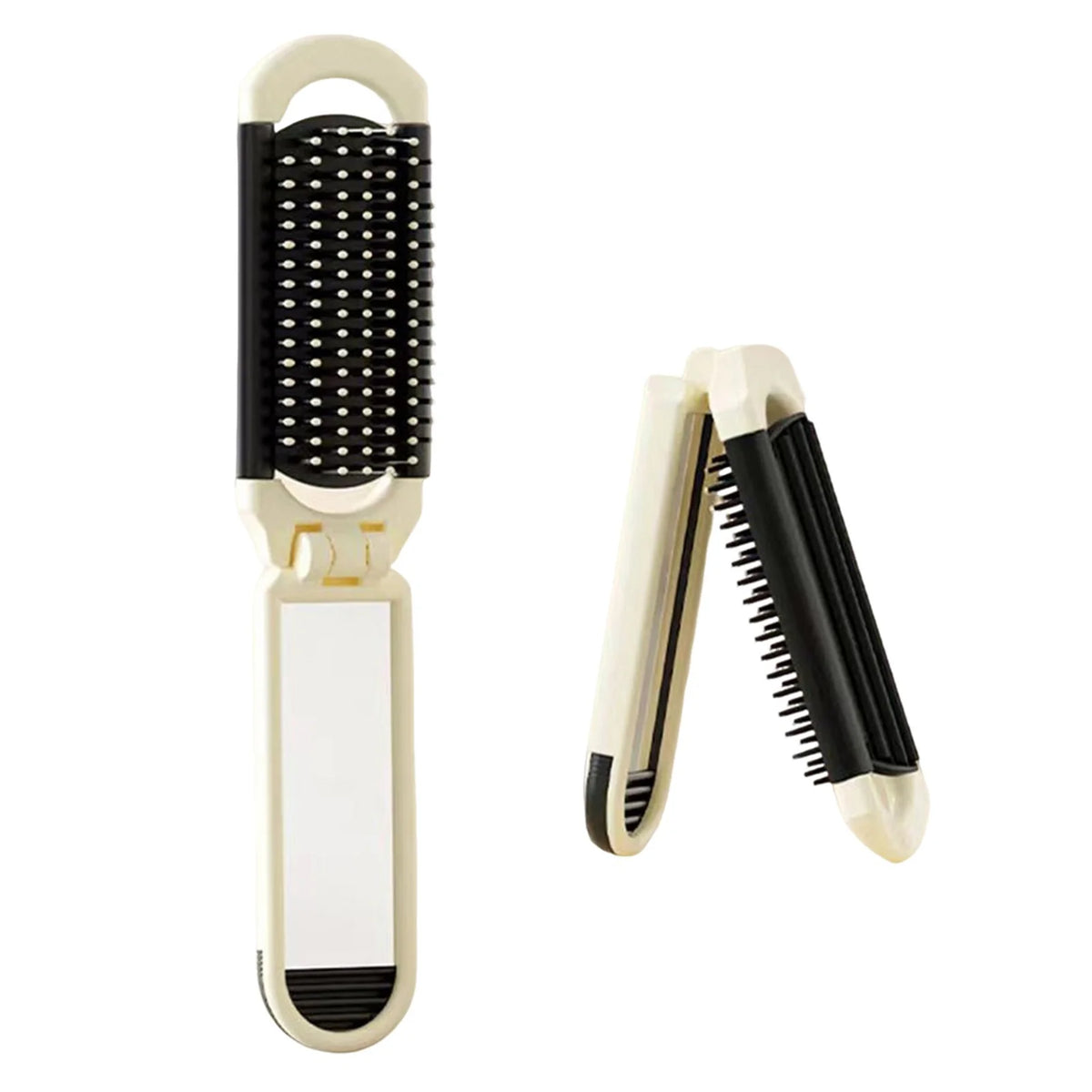A folding pocket hair comb with a mirror and scalp massage cushion shown in light beige and black.