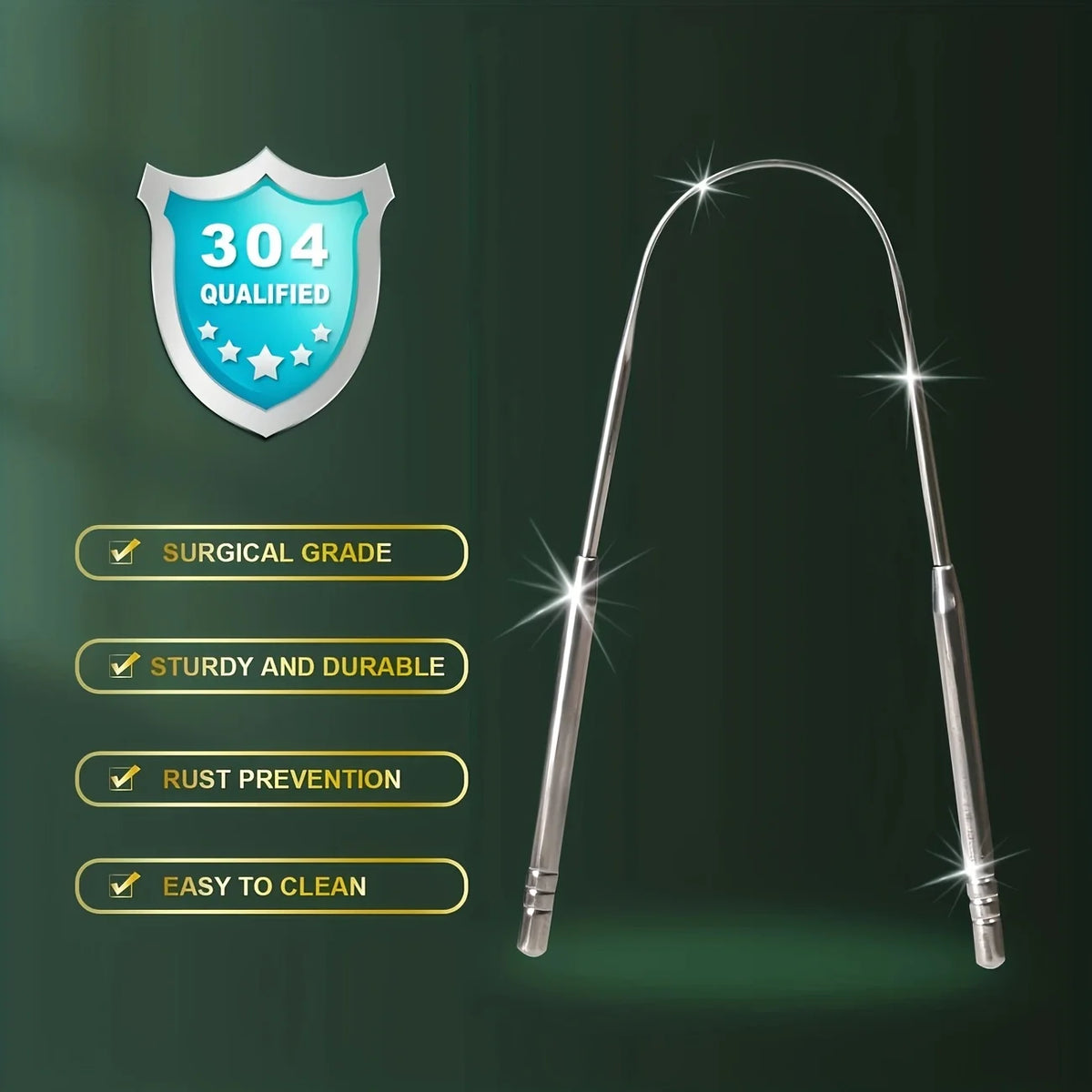 Stainless steel tongue scraper set with a shield badge indicating 304 qualified surgical grade and durability features