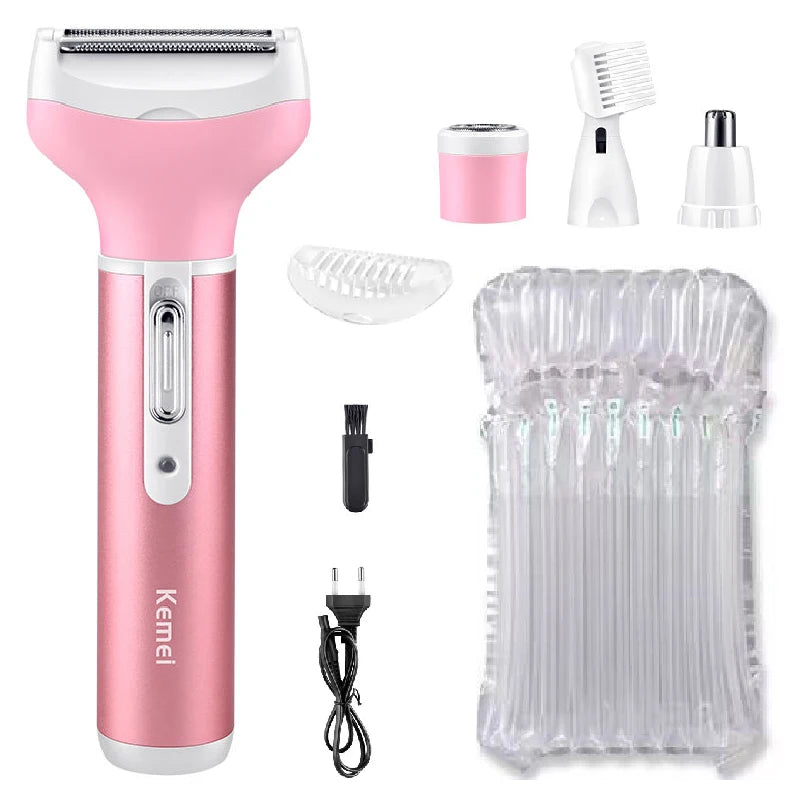 A pink Kemel 4-in-1 multi-function body and facial shaver with various attachments and a charging cable.