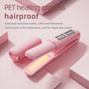 A pink portable dual-switch hair straightener and curler is shown on a light pink surface.
