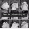 A grid of black and white images showing various modern hairstyling and hairdressing art designs on men's heads.