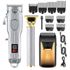 A professional electric hair clipper and trimmer set shown with various attachments and the main unit.