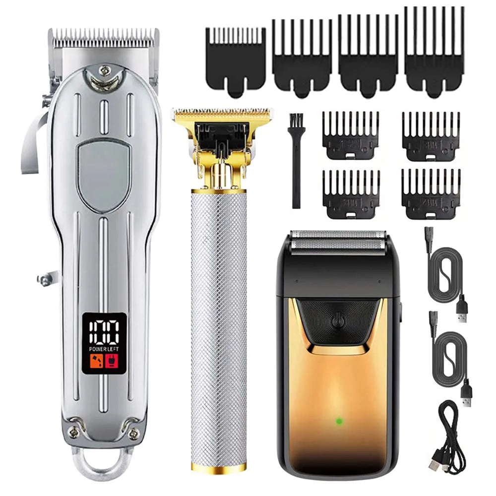 A professional electric hair clipper and trimmer set shown with various attachments and the main unit.