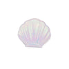 A light pink, iridescent seashell-shaped portable magnifying makeup mirror.