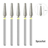 A set of five silver diamond nail drill bits with varying tip sizes shown against a white background.
