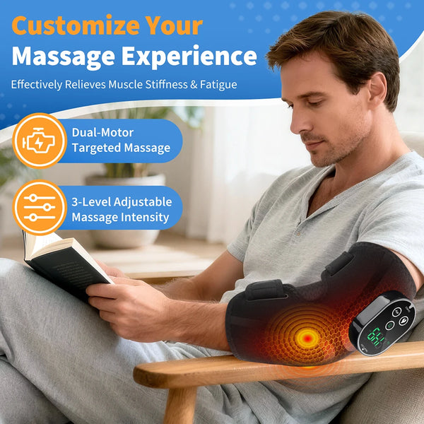 A man is using an electric heated massage elbow brace for muscle stiffness relief.