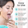 A woman gently uses a stainless steel tongue scraper to clean her tongue, following four steps for easy use.