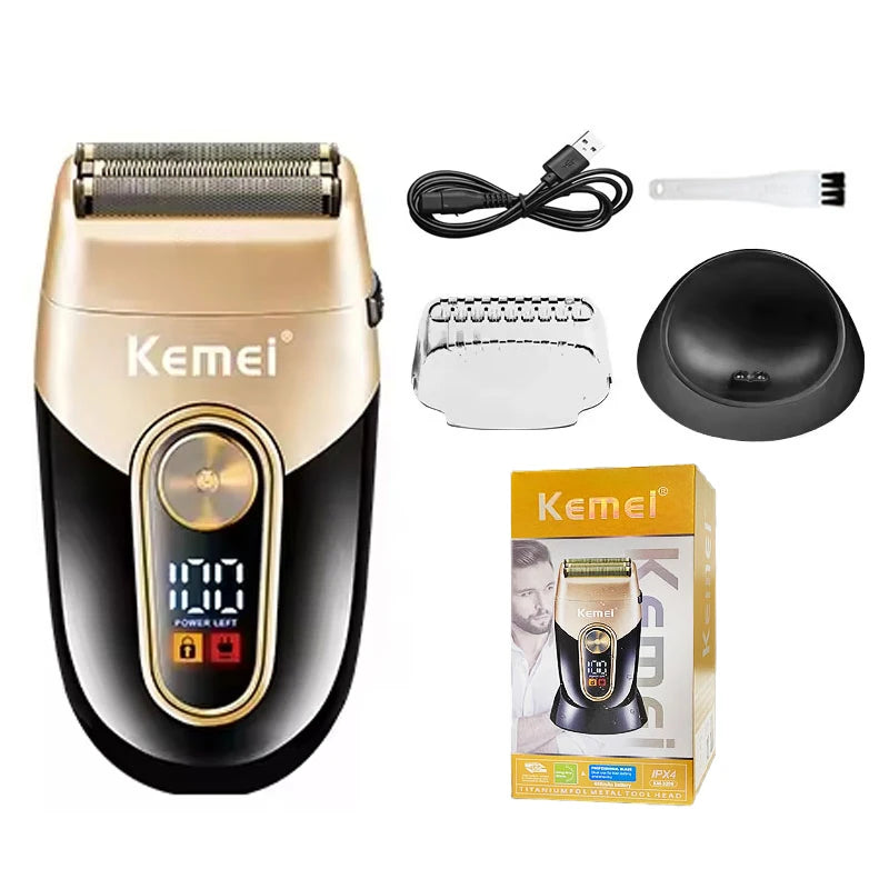 A beige and black professional rechargeable electric hair clipper with accessories shown.