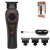 A black professional cordless hair trimmer with an LED display and multiple guard attachments.