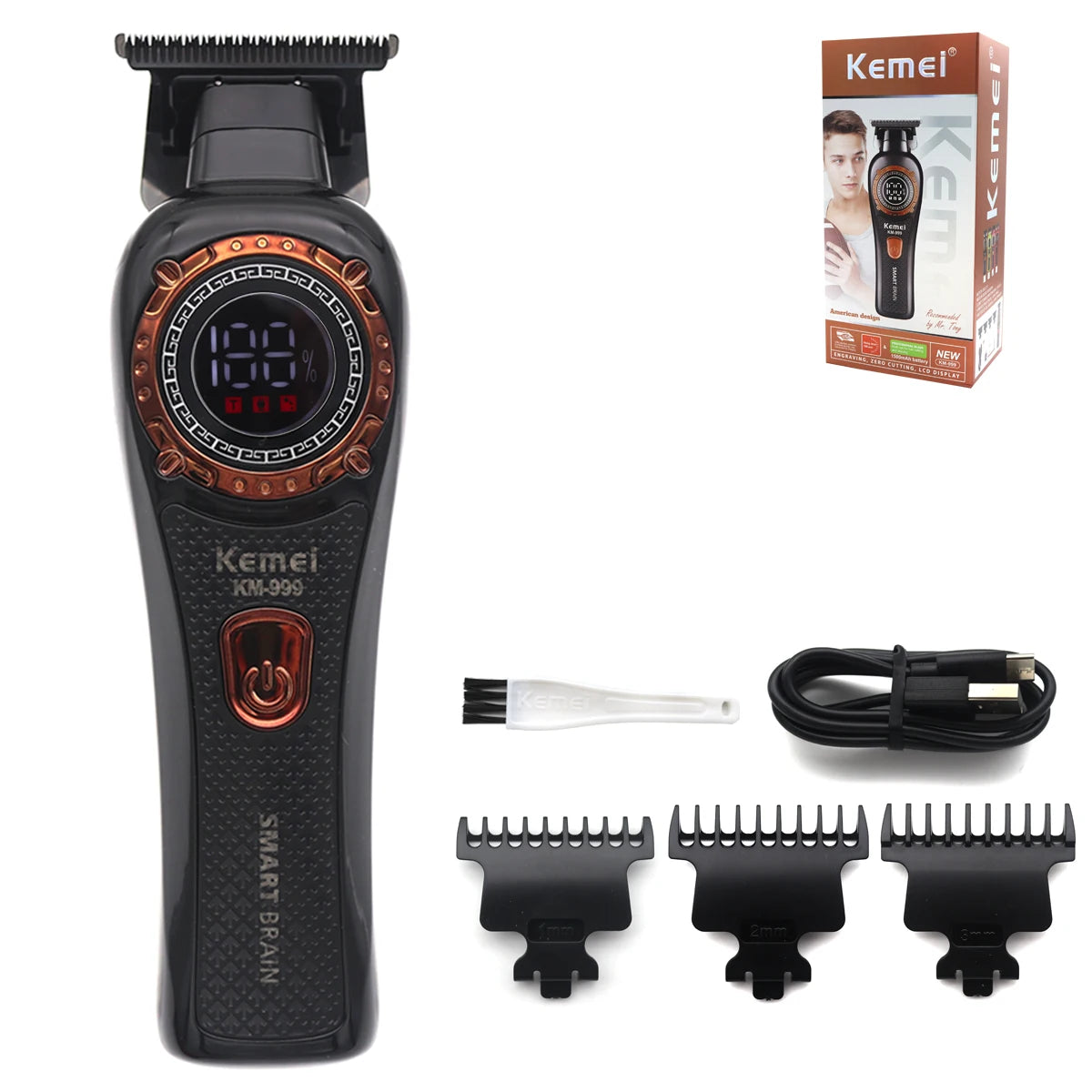 A black professional cordless hair trimmer with an LED display and multiple guard attachments.