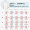 A chart showing dimensions for short square press-on nails in lengths L, M, S, and XS sizes.